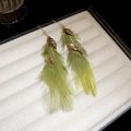Elegant green feather earrings with golden leaf accents displayed in a white jewelry box - Gold Leaf Green Feather Style (24# Ear Hook-Gold-Green)