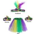 Three-piece Mardi Gras sequin feather headband, bracelets and tutu set in purple green gold - Mardi Gras Set (Headband, Sequin Bracelets, Tutu Skirt)