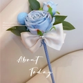 Elegant light blue artificial rose lapel pin with pearl decoration and satin ribbon bow - Bow Imperial Rose / Blue