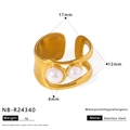 Adjustable stainless steel ring featuring gold finish and white pearls in open design - Streamline Multi-Pearl Style (NB-R24340)