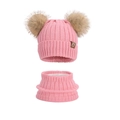 Pink winter knit hat and neck warmer set with dual faux fur pom-poms for children - Two-Piece Set / Watermelon red