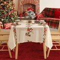 Christmas tablecloth with reindeer and Santa Claus patterns on a beige lace fabric - Santa Claus with Dog