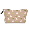 Detail view of avocado and egg pattern on waterproof makeup bag with black zipper - Avocado & Fried Egg-Brown