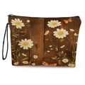 Floral canvas makeup bag with daisy butterfly print and wood texture on white background - Vintage Daisy Brown Wood Grain (Style 3) / 17*25cm With Webbing