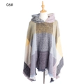 Women's hooded plaid poncho in grey, pink and yellow with fringe hem detail - 06# Grey