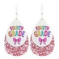 Faux leather double layer teardrop earrings with pink glitter and Fourth Grade design - Fourth Grade