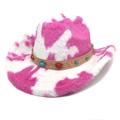 Détail du chapeau de cowboy en peluche à motif vache rose et bandeau à pierres - M (56-58cm) / Couronne Plate / Imprimé vache rose rouge et blanc