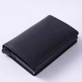 Slim black leather RFID-blocking wallet with carbon fiber texture and card slider - Black PU Leather