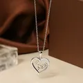 Titanium steel heart necklace featuring silver MOM pendant with sparkling cubic zirconia - Steel Color Heart Necklace N0455S
