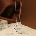 Titanium steel heart necklace featuring silver MOM pendant with sparkling cubic zirconia - Steel Color Heart Necklace N0455S