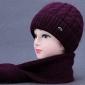 Winter knitted hat and scarf set for elderly women in deep purple with soft wool texture - Beanie Hat and Scarf Set / Deep purple