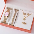 Luxury 5-piece women jewelry set with golden square quartz watch and rhinestone accessories - Gold Pink Dial Square Diamond Set (A4)