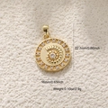 Detail of 14k gold plated shell pendant with dimensions and stones on beige background - A0572 Spiral Shell with Zirconia