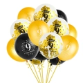 Detail of gold and black number 9 balloons with confetti and Happy Birthday print - 9 Years Old