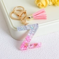 Pink glitter resin letter Z keychain with gold star sequins and pink suede tassel - Letter Z / Pink