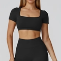 Zwarte naadloze yoga crop top voor dames met vierkante hals en geribbelde sportstof - XL / Premium Zwart