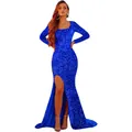 Elegant royal blue sequin evening gown with long sleeves and high slit detail - S / Royal Blue