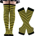 Yellow and black striped thigh-high stockings set for Christmas and Halloween cosplay - One Size / Yellow and Black Stripes