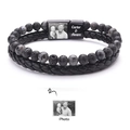 Men's double-layer black leather and stone bead bracelet with magnetic photo charm - Style 1 (Custom Photo)