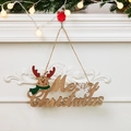 Wooden Merry Christmas hanging sign with reindeer and snowflake on rustic jute rope - Antler Letters