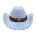 Premium light blue cowboy hat with brown leather band and silver bull head decoration - Light Blue