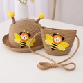 Cute children's straw hat and bee bag set with yellow pom-poms for summer sun protection - Hat + Bag Set / Brown