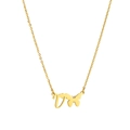 Detailed macro view of 18K gold plated letter V pendant with butterfly on cross chain - Gold V