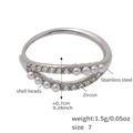 Double-layered stainless steel ring featuring white shell beads and zircon accents, size 7 - A030-Silver Color White Zirconia Shell Bead Ring