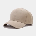 Detail of a khaki twill cotton baseball cap showing 6-panel stitching and breathable eyelets - Beige