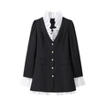 Elegant black blazer dress with white ruffle trim and gold buttons on a white background - S / Black
