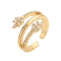 Anillo cruzado dorado de doble capa con diseño de hojas y piedras de circonita - Estilo de Hoja de Doble Capa