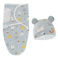 Détail à plat d'un ensemble emmaillotage et bonnet bleu pour bébé avec motifs de lapins - Ensemble Emmaillotage + Bonnet Lapin Arc-en-ciel Gris