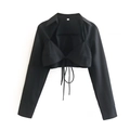 Camisa corta negra para mujer con manga larga, cuello de solapa y cordones frontales - S / Negro