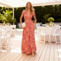 Pink paisley print maxi dress with deep V-neck and waist cut-outs for elegant resort wear - S / Red Floral