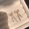 Elegant gold bow earrings with long sparkling tassel drops in a velvet gift box - A1014 Gold Bow Rhinestone Tassel Drop