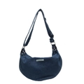 Dunkelblaue Denim-Halbmondtasche zum Umhängen mit verstellbarem Gurt und Modelabel - Blau