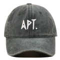 Detailed close-up of white APT. letter embroidery on washed grey cotton baseball cap - Army Green