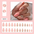 Pink and nude almond press-on nails with gold glitter and white wave pattern, W459 - Teen Ripple Style (W459)
