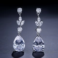 Silver bridal drop earrings featuring large pear-shaped zircons and leafy diamond accents - Zpe184b Earrings Silver Teardrop Style With Zircon Inlay