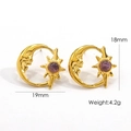 Golden moon and star earrings with purple stone detail, 19mm width and 18mm height - Purple Crystal