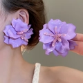 Vibrant lavender purple fabric flower earrings with glossy petals and pink bead center - 191# Silver Pin - Purple