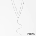 Minimalist double-layered silver stainless steel necklace with round pendant and beads - Silver Beaded Multi-Stone Y-Shaped Double Layer Necklace(PD1296)
