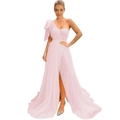 Elegant one-shoulder light pink evening dress with a large bow and high slit tulle skirt - Pink