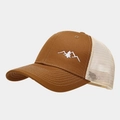 Detail of outdoor trucker hat with mountain embroidery and breathable mesh back - Adjustable / Camel