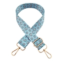 Blue floral print fabric bag strap with gold metal buckle and swivel hooks on white base - Style 224 + Silver Buckle