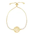 Adjustable gold cross bracelet with sparkling zircon stones and Fe pendant on white background - Faith Fe (White Zirconia)