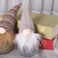 Pair of Christmas Gnomes with striped knitted hats and plush beards for home holiday decor - Grey Knit