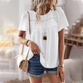 Loose white crew neck top for women featuring lace patchwork and dot textured fabric - S / White