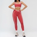 Women's brick red yoga set with white piping, square neck crop top and V-cut leggings - S / Square Neck Bra & Leggings Set / Raspberry Red