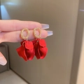French vintage red rose petal earrings with elegant golden frosted metal hoop details - Red (Steel Pin)